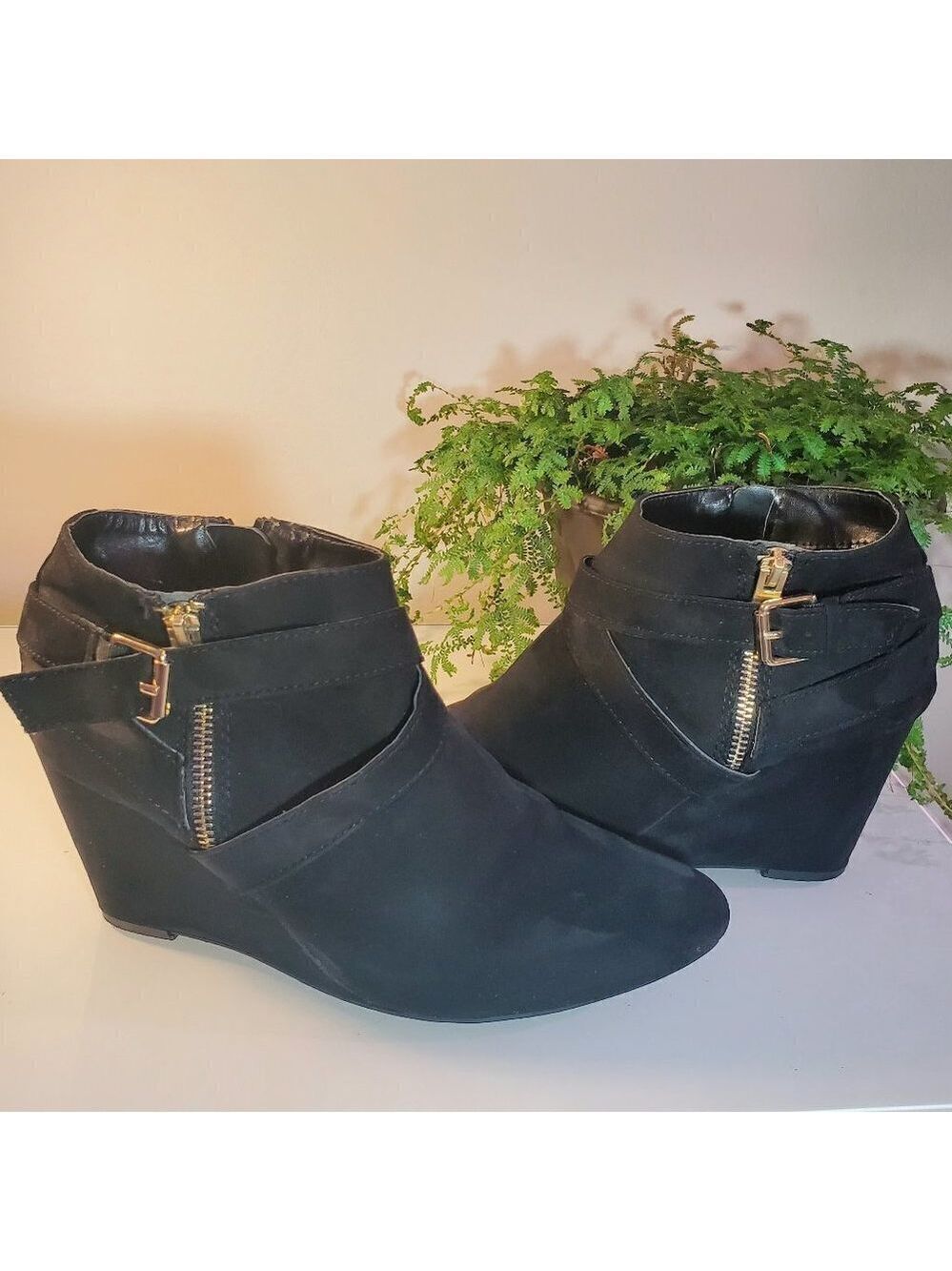 MOSSIMO Black Faux Suede Booties with Gold Buckle